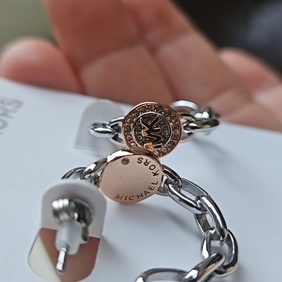 NWT Michael Kors Women's Hoop Earrings Gold & Platinum Crystals Brass Ch… - Picture 2 of 11